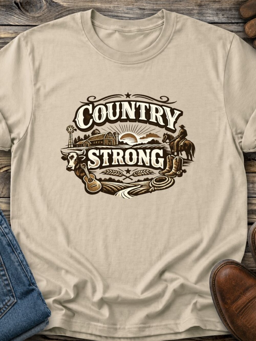 Built Country Strong Star TShirt Graphic Tee Adult Unisex Western Farm Cowboy